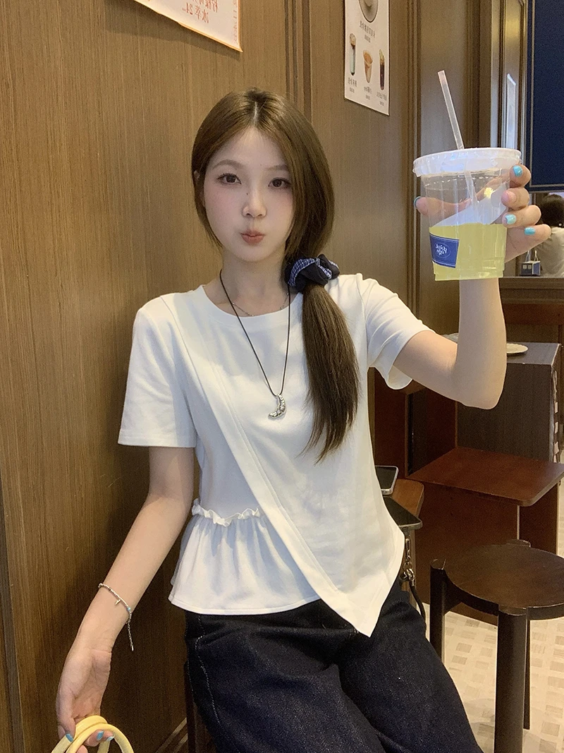 大码夏装新款2025胖mm大码女百搭设计感不规则拼接显瘦短袖T恤