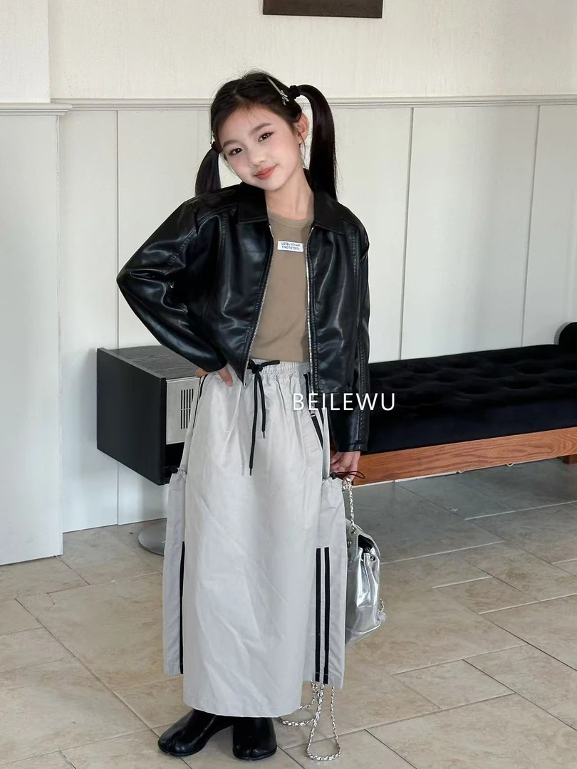 2025春秋女童短款皮衣洋气黑色