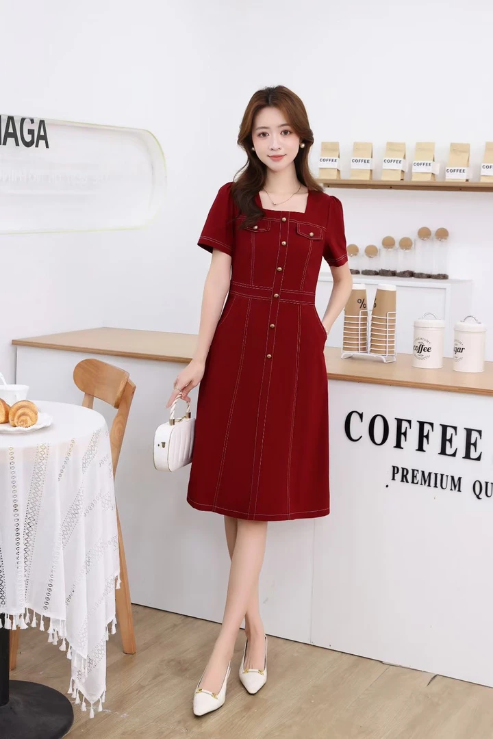 高端定制方领时尚收腰A版连衣裙