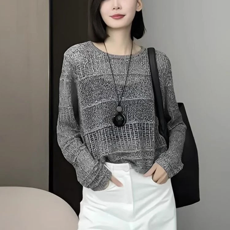 复古镂空设计感圆领长袖针织衫女新款防晒夏季宽松小个子洋气上衣