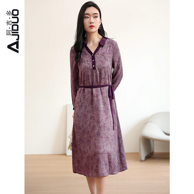 A20962 阿吉多2025春季新款高级长袖连衣裙女优雅气质妈妈长裙子