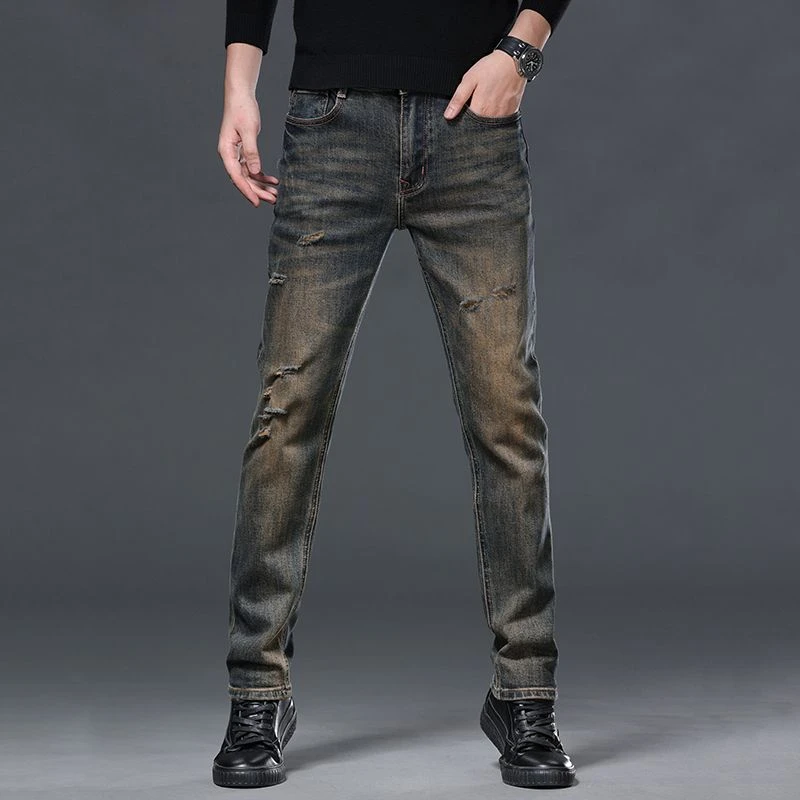 2025夏季新款美式复古弹力牛仔裤男士破洞休闲直筒修身百搭长裤子