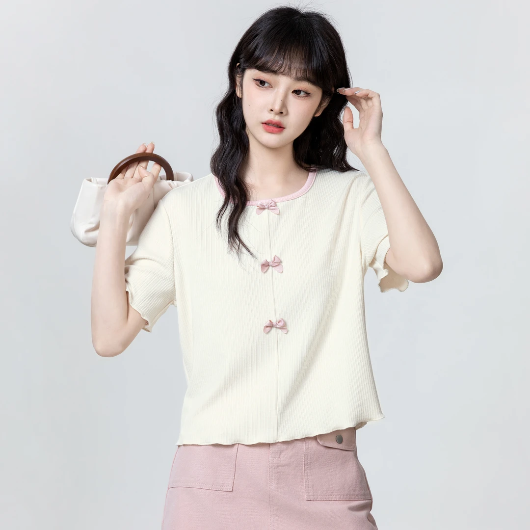 杏色木耳边短袖T恤女夏2025夏季新款设计感小众蝴蝶结体恤短上衣