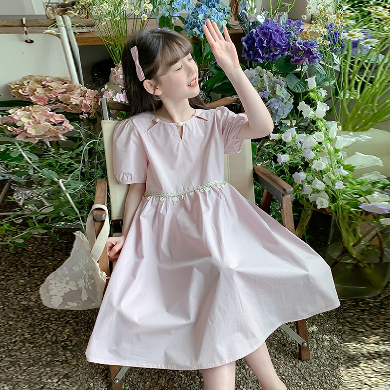 女童夏季洋气泡泡袖大童公主连衣裙显瘦气质法式收腰中长款方领