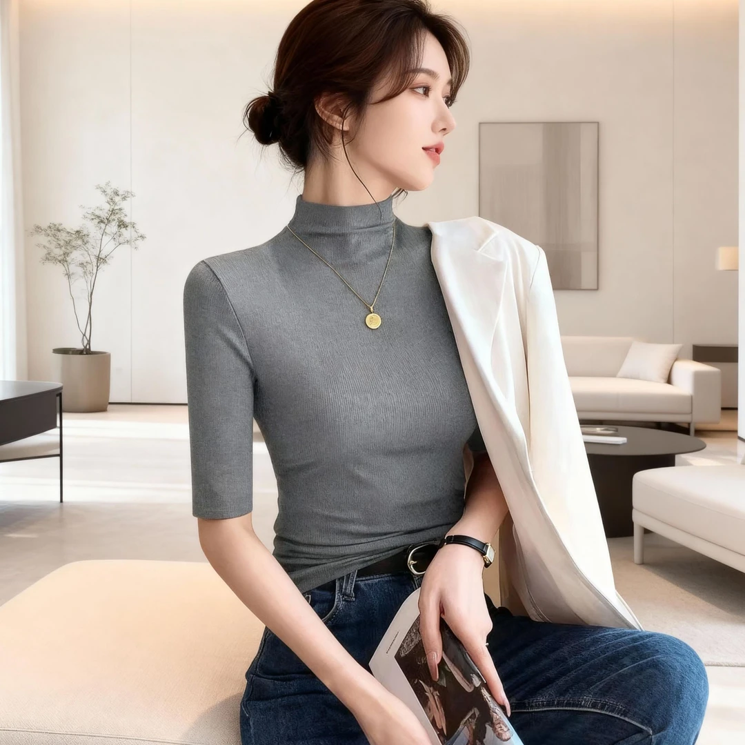 [希希定制]暗花灰色中袖螺纹半高领T恤女 2025新款打底衫内搭春秋