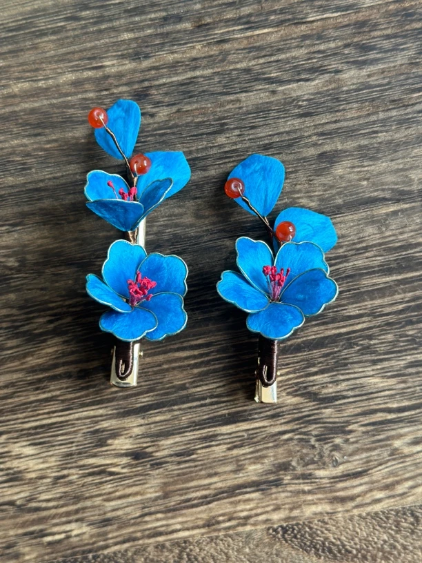 初晴绒花掐丝宝蓝色边夹头饰日常款发卡气质