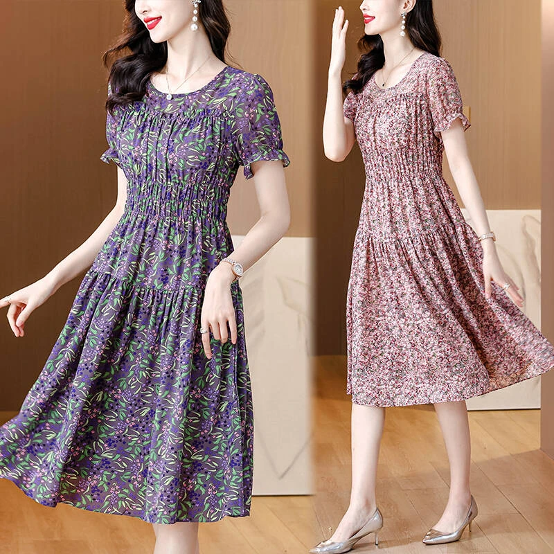 高端时尚妈妈裙2024夏季新款大码短袖碎花连衣裙洋气减龄中长款