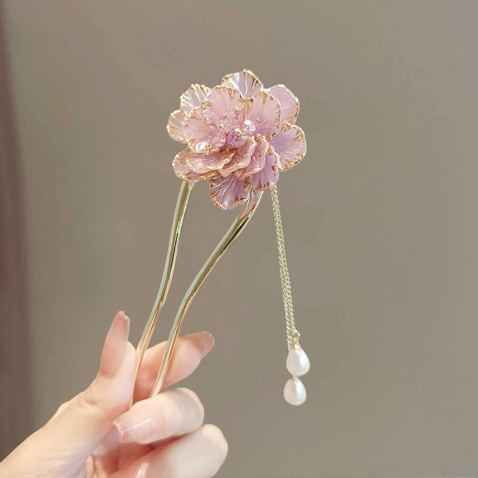 新中式优雅玫瑰发簪女后脑勺U型簪子盘发神器高级感现代发饰国风