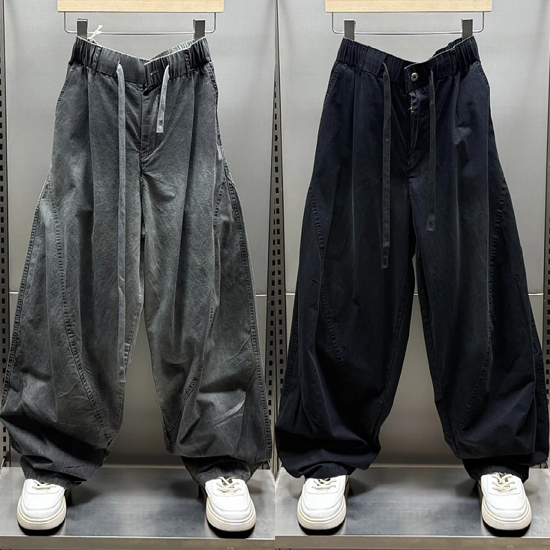 秋季款潮牌磨白做旧垂感青年男宽松大码设计感直筒阔腿裤休闲长裤