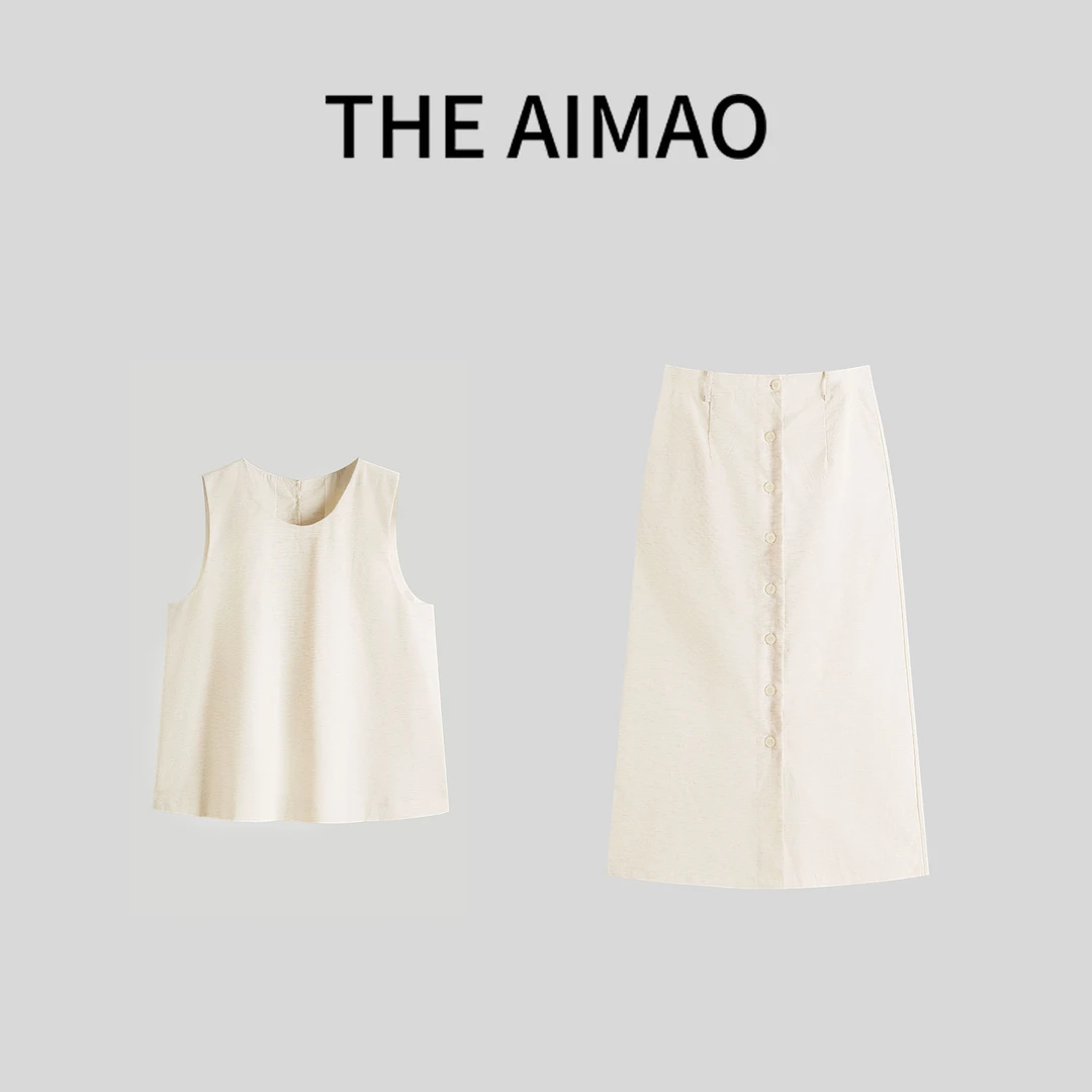 【THE AIMAO】“日落巴黎”亚麻混纺干爽有型马甲半裙套装XYX82140