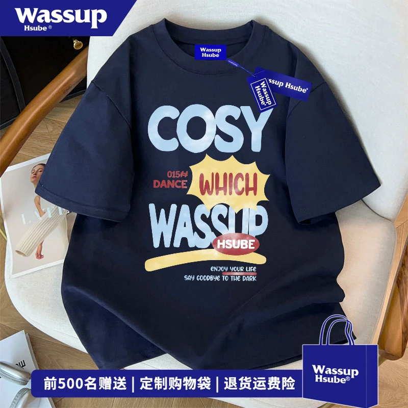 WASSUP HSUBE 美式字母印花纯棉短袖T恤男夏季休闲百搭藏青色上衣