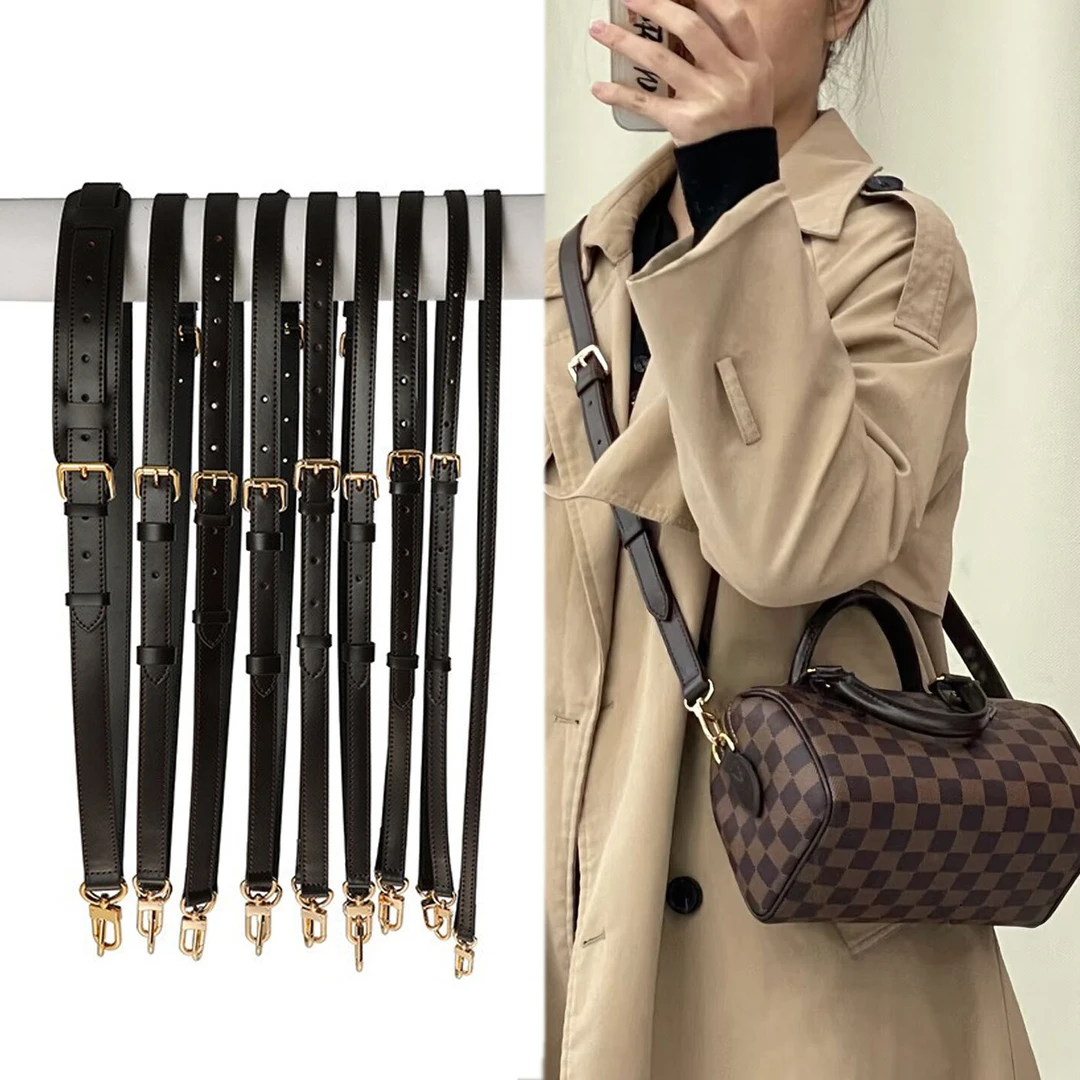 适用老花包棋盘格肩带配件深咖啡色可调节真皮包带包包背带斜挎