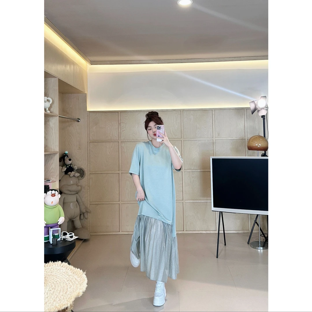 晶咕【零束缚】韩系气质大圆领纯色拼纱不规则短袖连衣裙