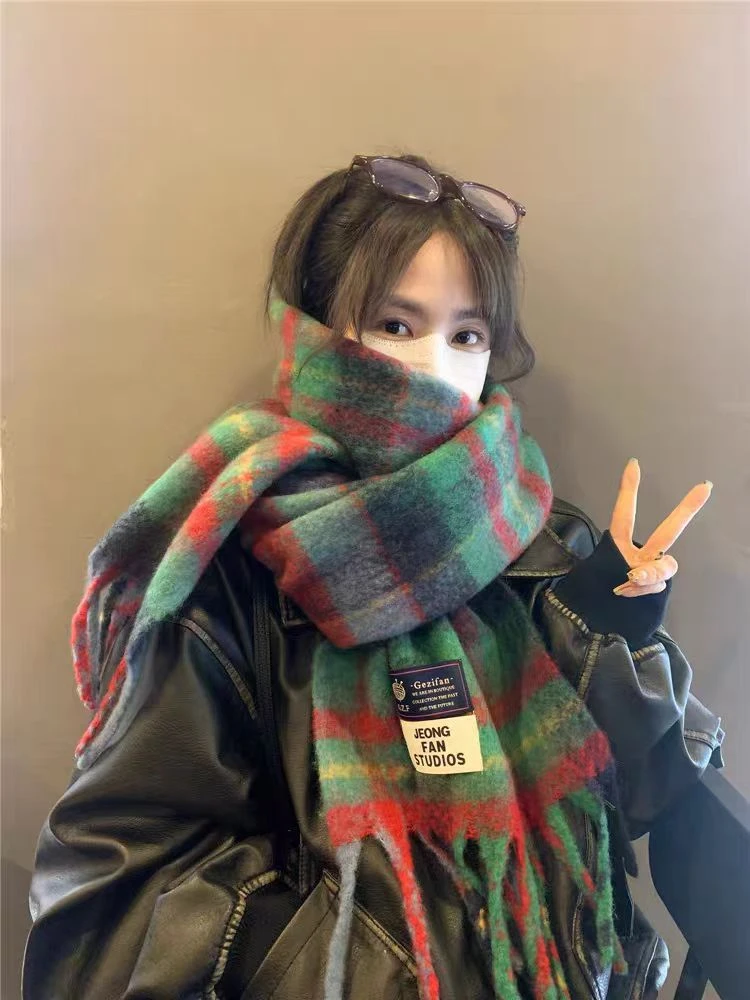 【圣诞原版】韩版圣诞红绿色格纹围巾氛围感秋冬季百搭保暖加厚围脖