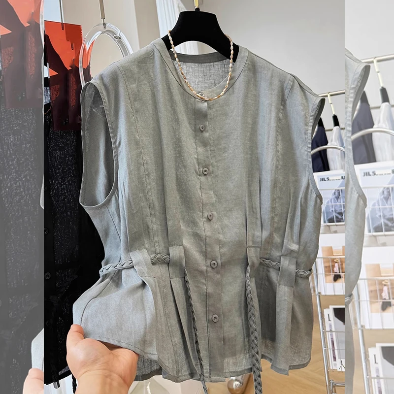 法式新款夏季收腰绑带无袖大码衬衫女微透宽松显瘦个性高级感时尚