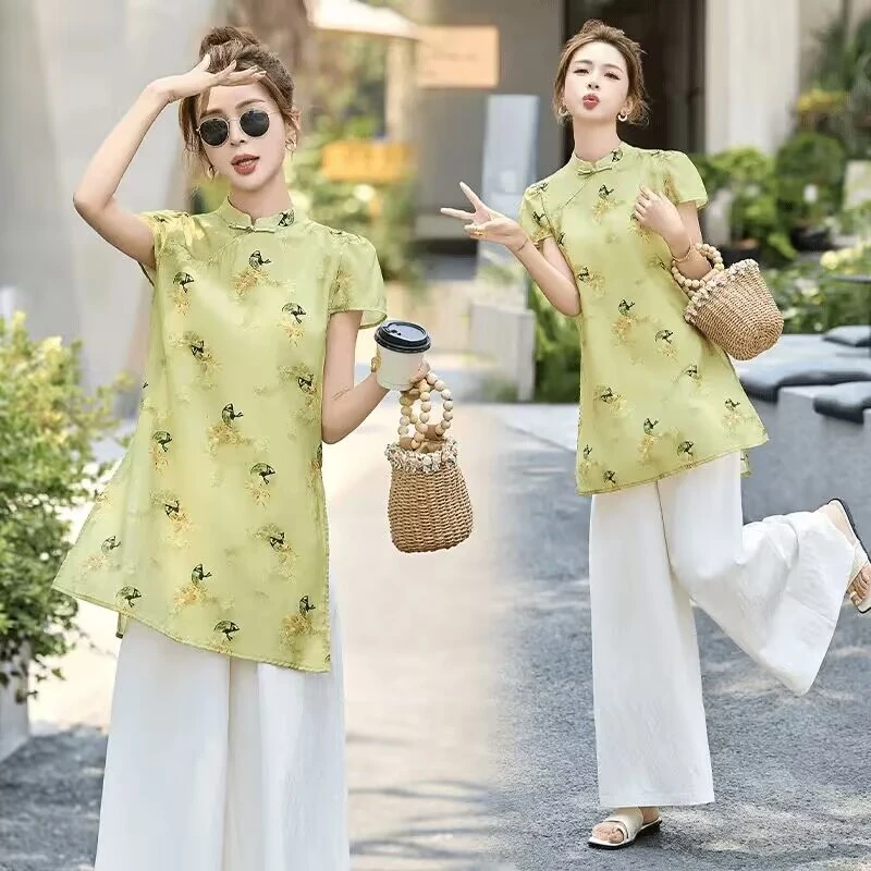 新中式国风立领印花阔腿裤套装女夏季复古盘扣气质减龄