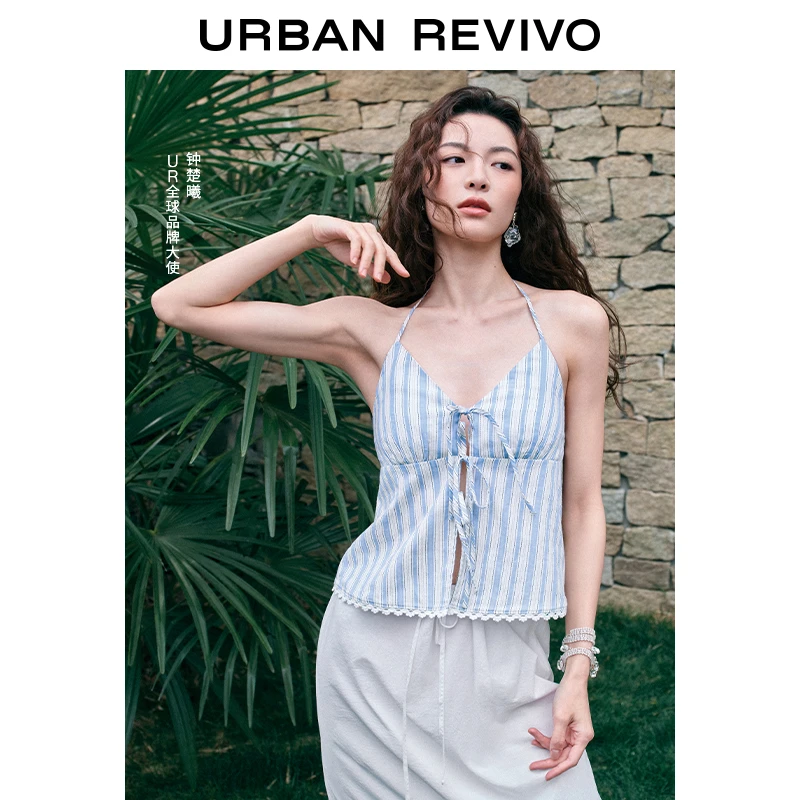 【钟楚曦同款】UR2025春季新款女装波嬉风条纹挂脖吊带UYL250029
