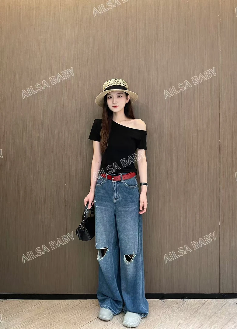 【AILSA BABY】欧货配腰带破洞牛仔裤/40705A