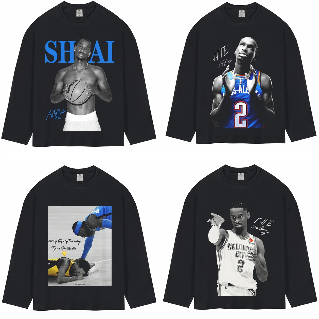 亚历山大-美式直喷印花t恤男女同款纯棉长袖宽松秋季休闲圆领上衣