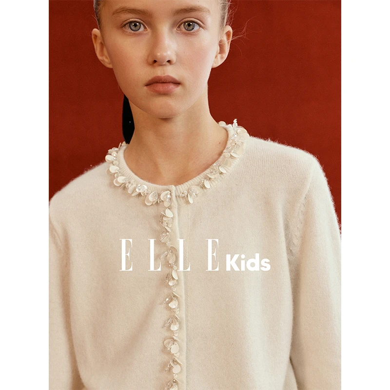 ELLE KIDS童装 羊毛牦牛绒手工花边女童冬季新款针织长袖开衫D6