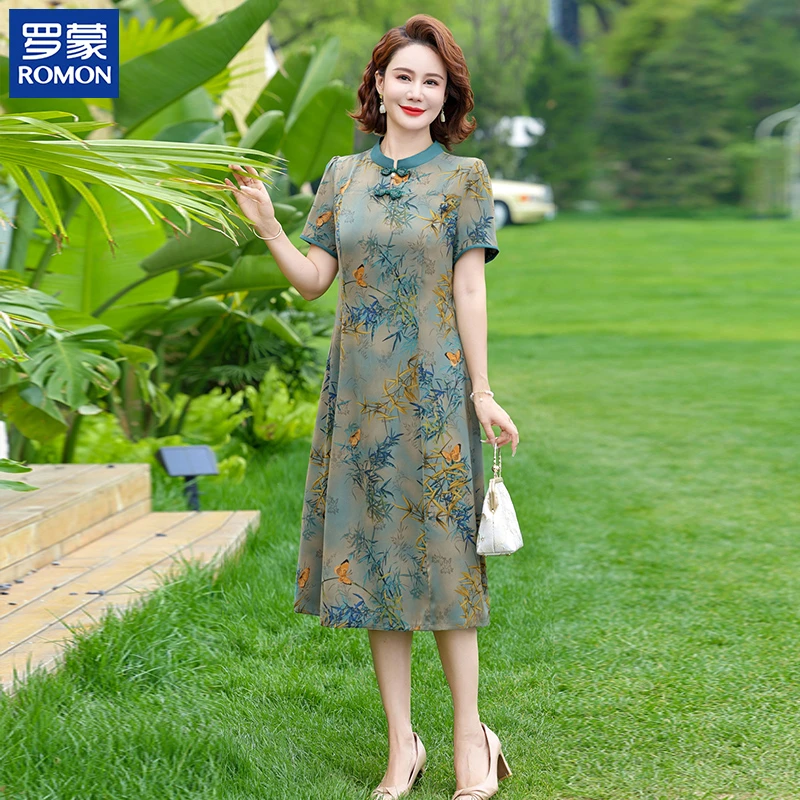 罗蒙时尚妈妈夏装连衣裙五十多岁花色新中式过膝裙中老年女薄裙子