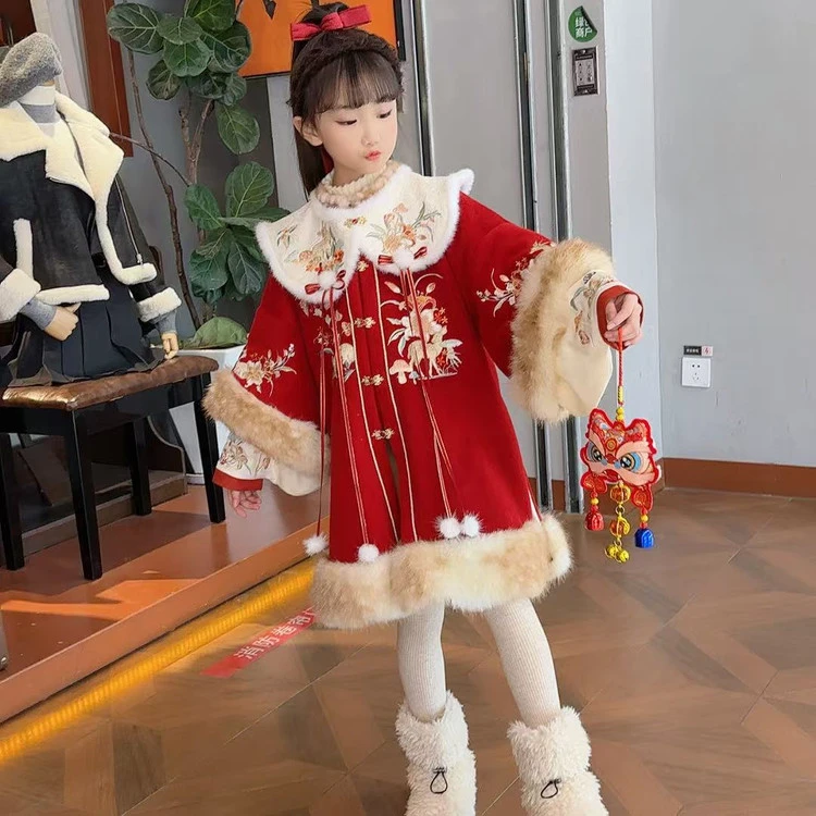 女童加绒红色拜年服冬季2025新款中国风唐装小女孩古风高端新