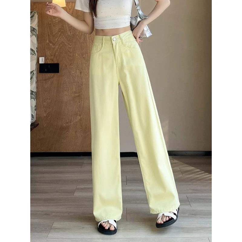 黄色窄版天丝阔腿牛仔裤女2025年春夏薄款高腰显瘦垂感宽松直筒裤