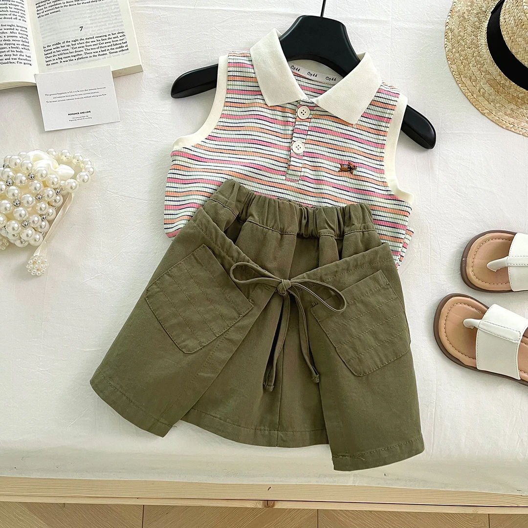 2025夏季新款儿童女童洋气时尚条纹背心短裤套装两件套HZ0022