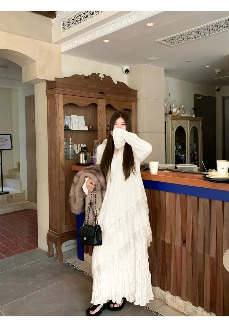 重工针织提花压褶连衣裙女秋冬长袖蕾丝长裙内搭设计感8397