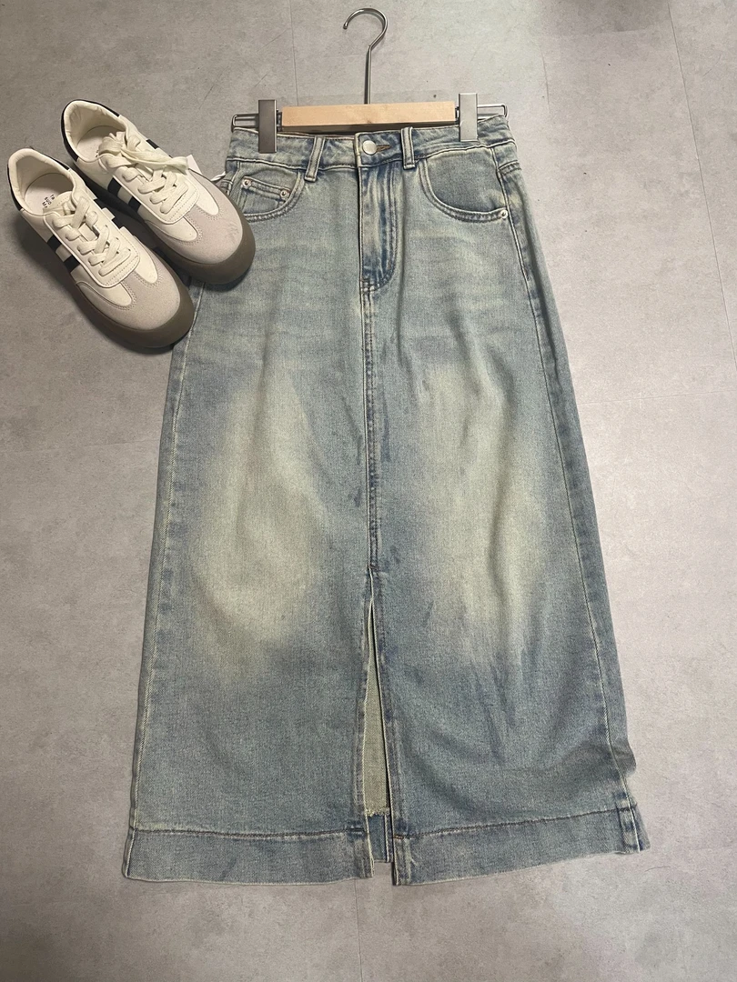 W3655 王仙女 女款chic时尚显瘦百搭牛仔裙设计感下摆开叉中长款