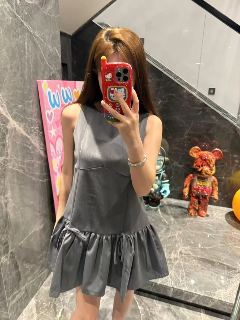 【Danny】夏季新款女装简约格雷系系带无袖连衣裙