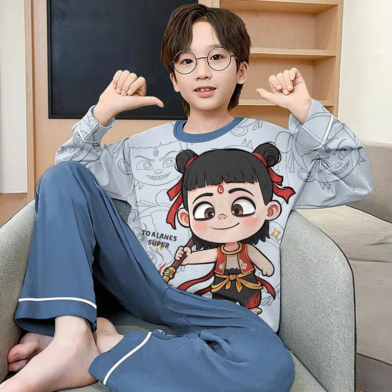 2025春秋季儿童卡通哪吒睡衣男孩子纯棉长袖薄款中大童家居服套装