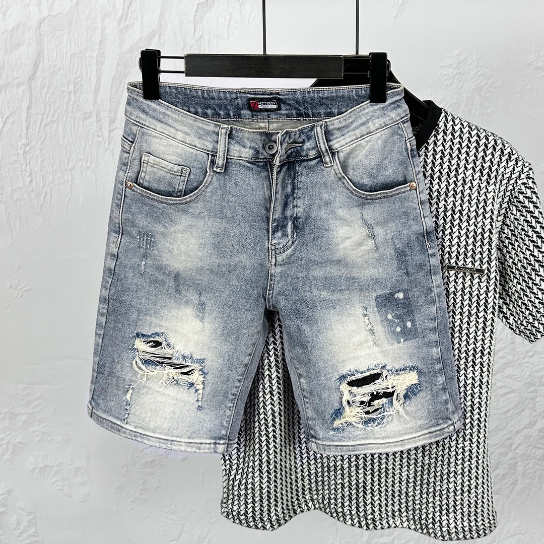 破洞贴布牛仔短裤男2025夏季新款韩版潮流修身小脚休闲弹力五分裤