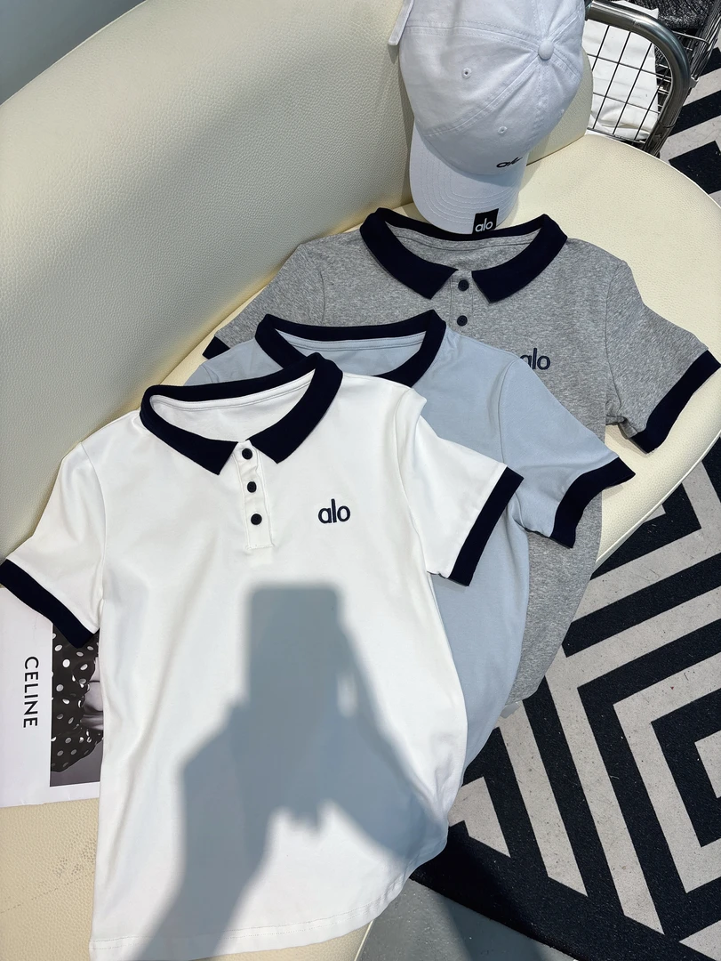 刺绣短袖T恤alo刺绣宽松短袖显瘦百搭纯欲扣子减龄夏季纯色polo