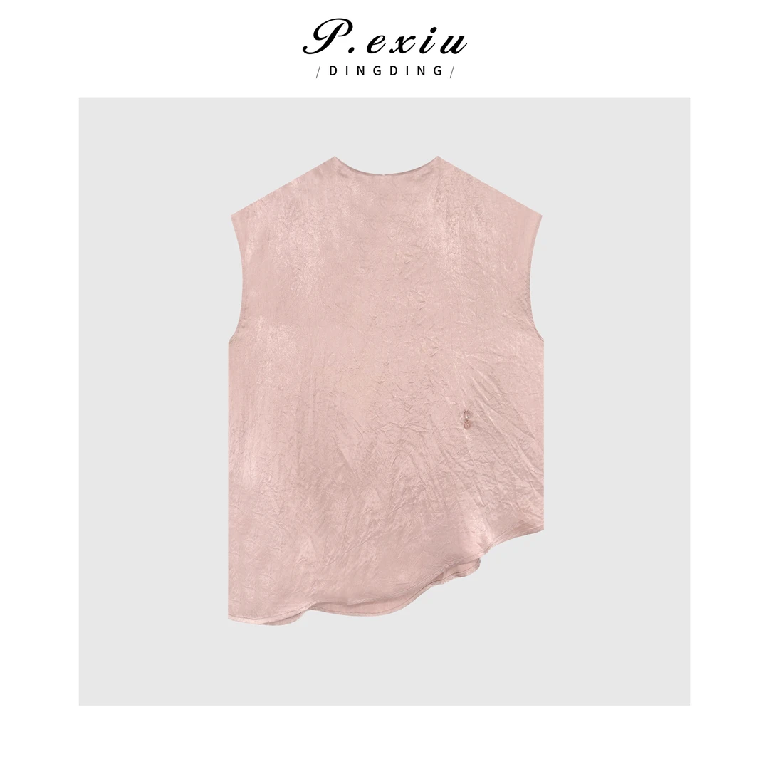 PanYiXiu/潘依绣100%醋酸气质光泽感斜角无袖圆领衬衫 T2507