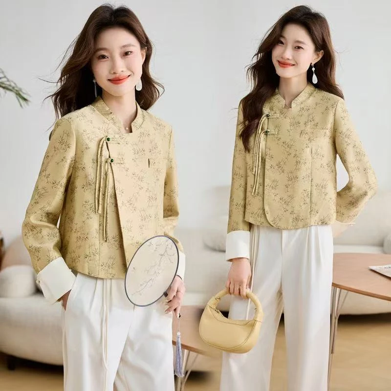 C016新中式轻国风春秋款小个子高级感复古提花盘扣短款上衣