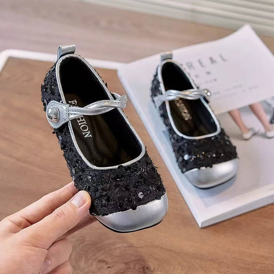 2025春款公主鞋人造革亮闪闪皮鞋童鞋秋季黑色软底中大童小童