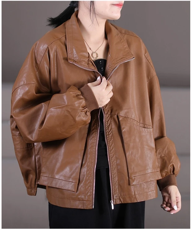 咖啡色独立口袋l立领PU皮衣女韩宽松抽绳拉链立领品质皮衣短外套