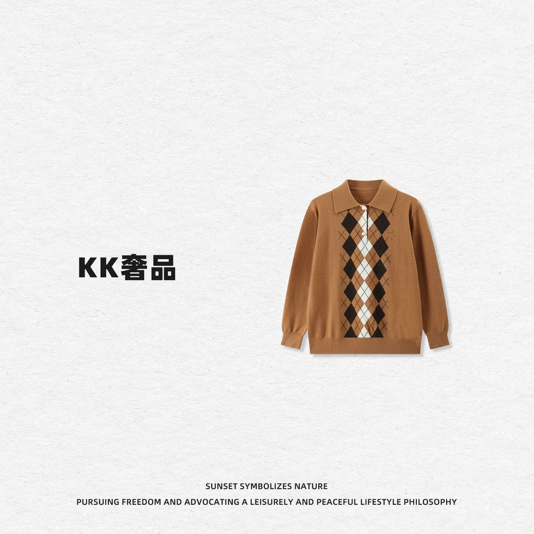 KK【绮丽时光】2520623撞色翻套头针织毛衣外套秋季新款时尚高级