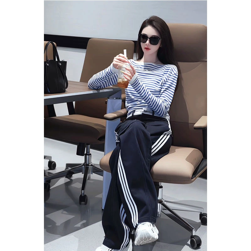 2025春夏时尚斜领条纹长袖t恤三条杠高腰窄版阔腿裤显瘦两件套装