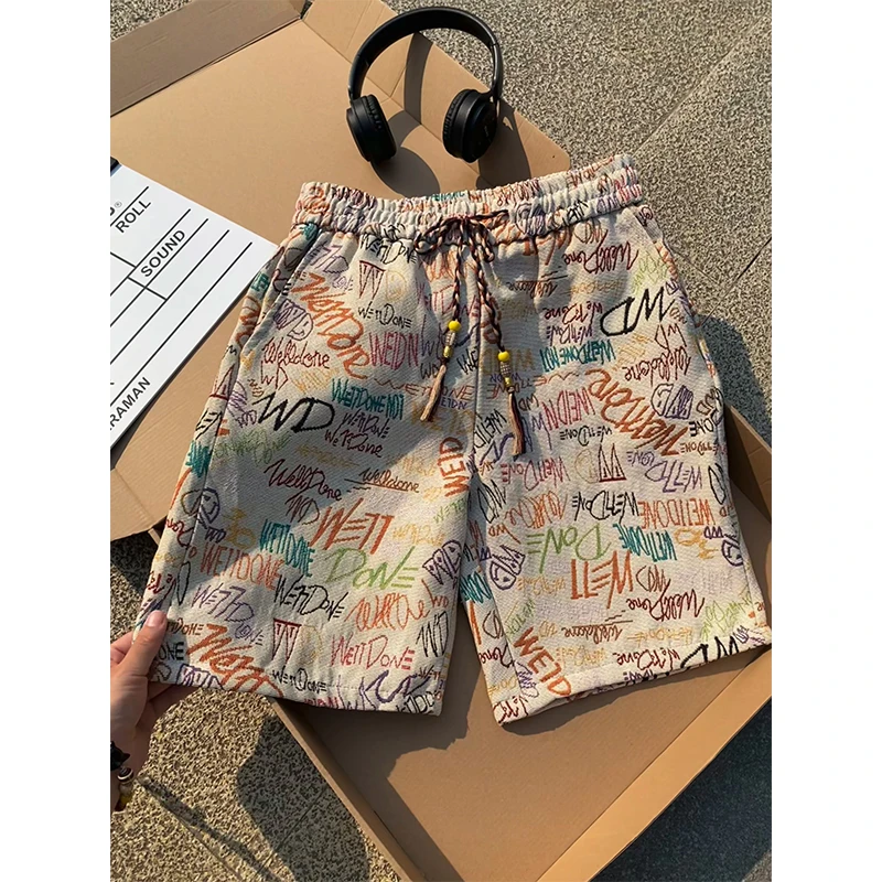 彩绘字母涂鸦短裤男女夏季夏威夷风休闲度假沙滩裤嘻哈痞帅五分裤