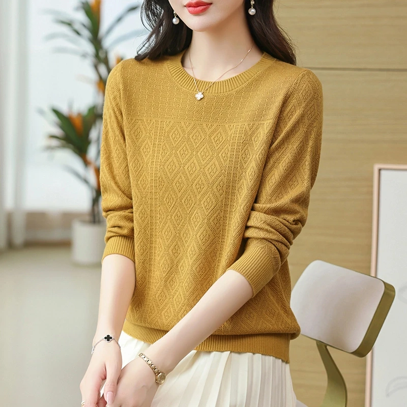 2025新款春秋时尚圆领针织毛衣女洋气妈妈春装外穿女士上衣打底衫