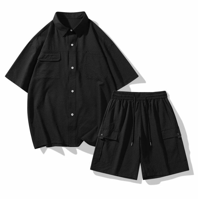 夏季新款衬衫宽松套装男女同款休闲百搭设计感短袖衬衣短裤两件套
