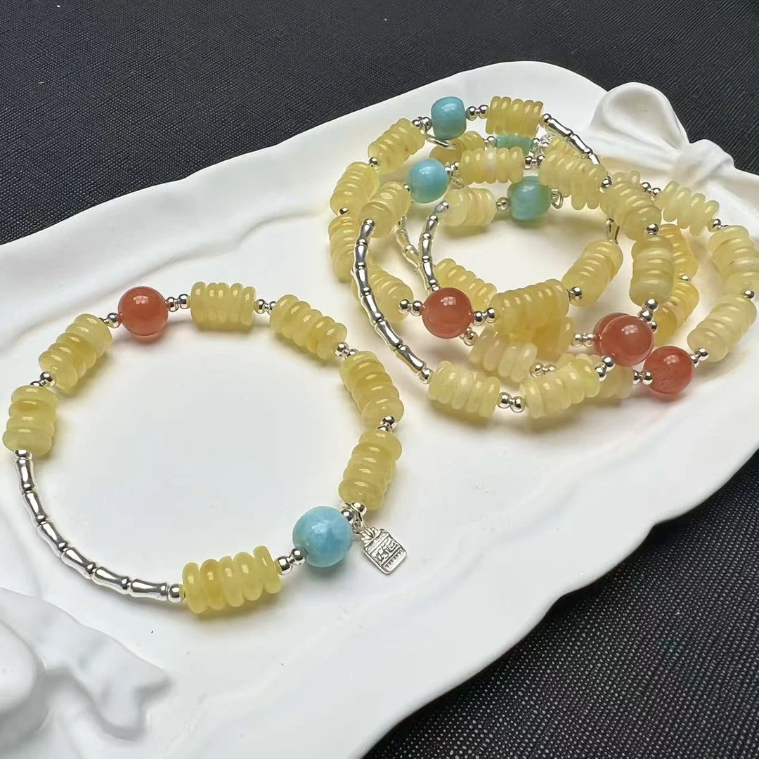 A236【好运莲莲】白花满密蜜蜡药片+海纹石南红手链【多样性发其一】