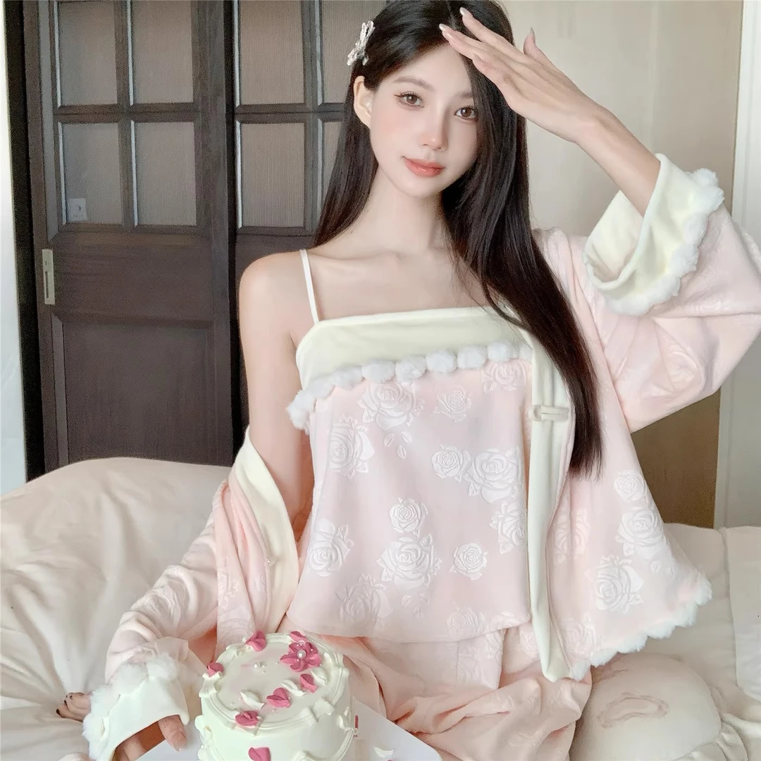 新中式玫瑰海岛绒长袖睡衣三件套秋冬新款厚款保暖纯欲性感家居服