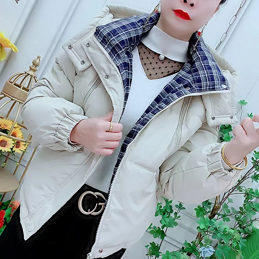 冬季加厚拼接格子连帽棉服短款棉袄棉衣外套新款2025保暖面包潮流