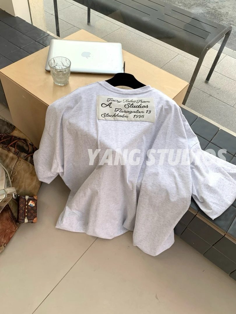 YANG/Ac*1996Jennie同款浅灰色七分袖花苞t恤