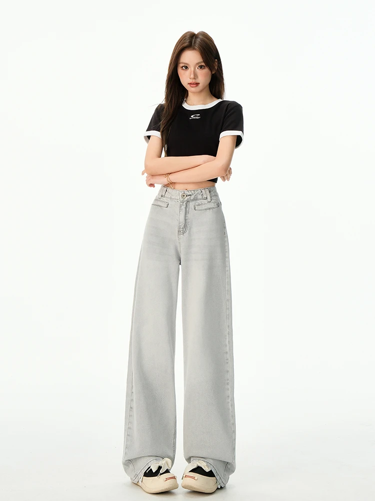 莱赛尔天丝银灰色宽松牛仔裤女夏季新款高腰显瘦阔腿垂感拖地裤