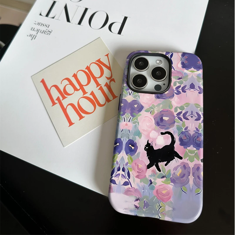 文艺花丛猫咪菲林二合一适用苹果17/16promax手机壳15/14保护套13