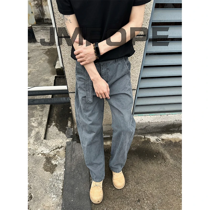 秋季新款飘带弯刀牛仔裤美式高街潮牌cleanfit复古直筒裤休闲裤男